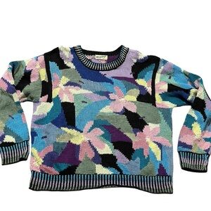 Vintage 80-90s Lee Andersen Handknit Colorful Floral Sweater Measures Size Large